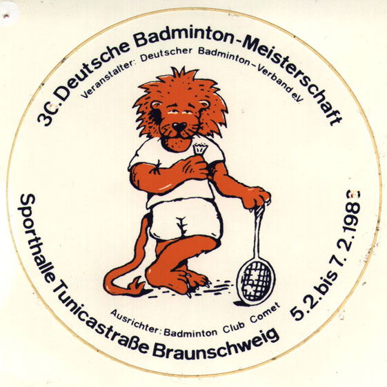 Aufkleber mit dem Comet-Löwen zur Badminton-DM 1988