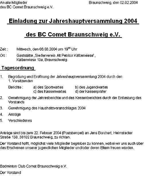 Einladung zur Jahreshauptversammlung 2004