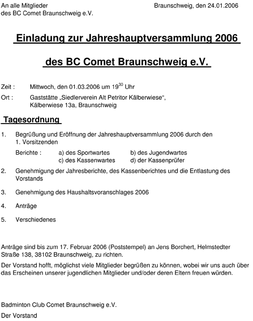 Einladung zur Jahreshauptversammlung 2006