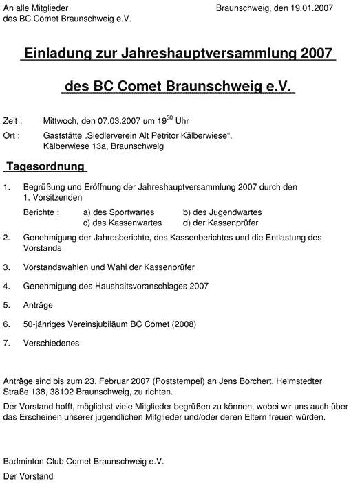 Einladung zur Jahreshauptversammlung 2007